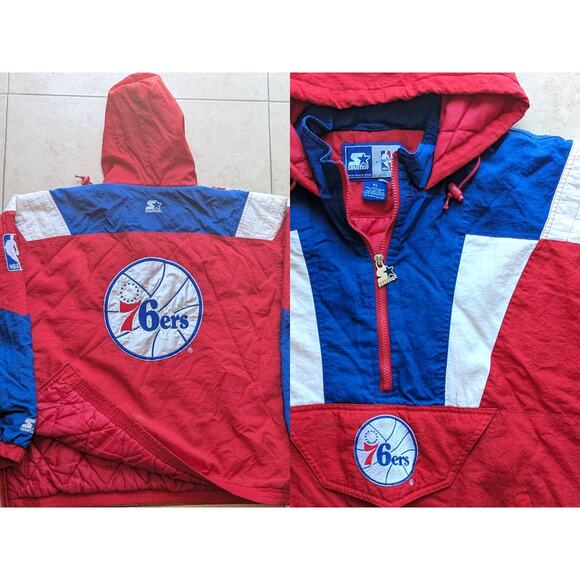 Philadelphia 76ers 90s STARTER Color Block 1/2 Pullover jacket XL red NBA vtg - Picture 1 of 12